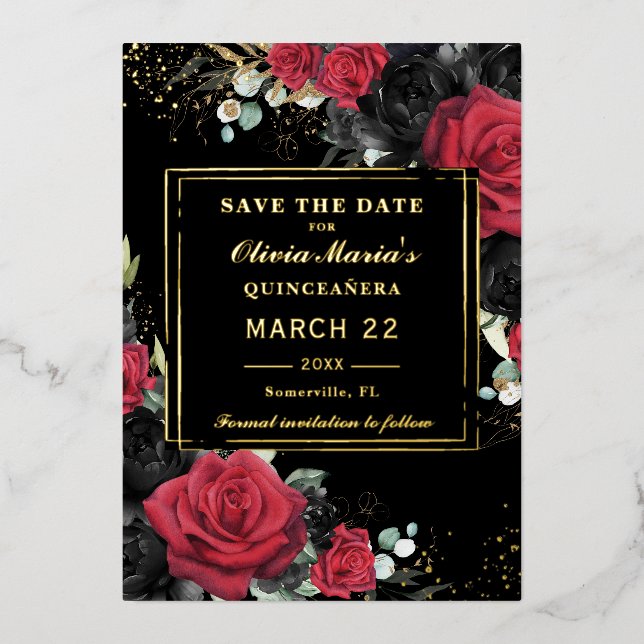 Invitation En Aluminium Quinceanera Floral Rose noir rouge Enregistrer la  (Recto)