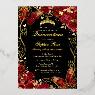 Invitation En Aluminium Quinceanera Floral Rouge Papillon Vintage 