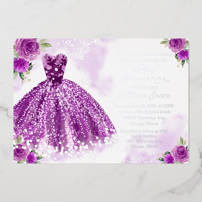 Invitation En Aluminium Quinceanera florale d'argent violet (Recto)