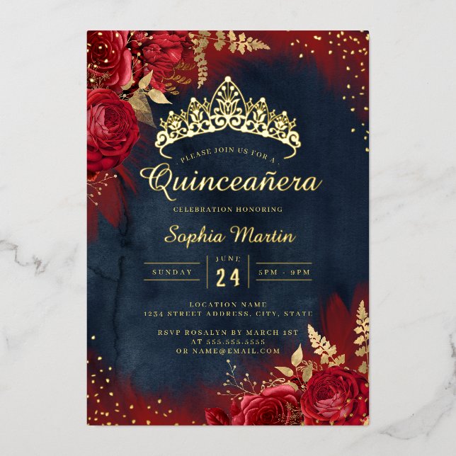 Invitation En Aluminium Quinceanera florale de la Marine rouge (Recto)