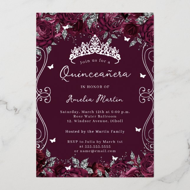 Invitation En Aluminium Quinceanera florale de l'Argent de Bourgogne (Recto)