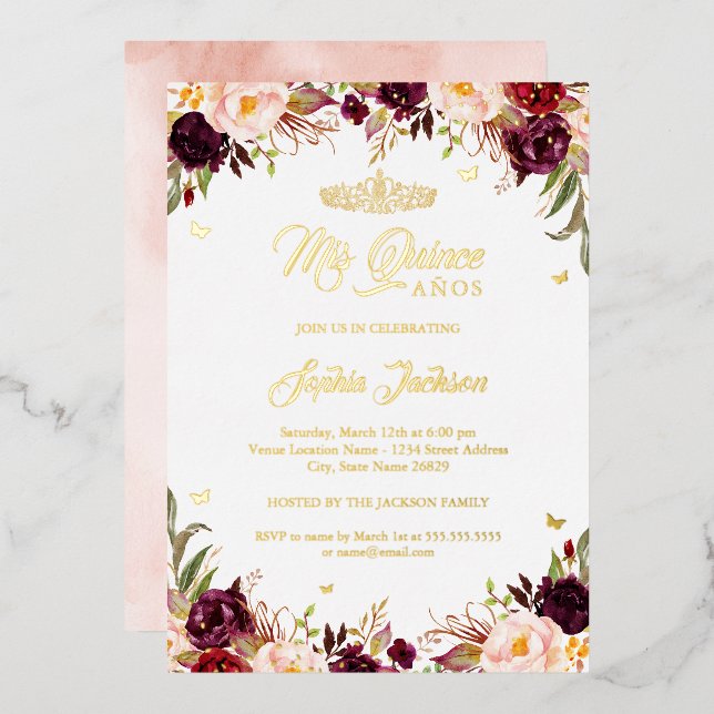 Invitation En Aluminium Quinceanera florale de Mis Quince Brousse (Recto/Verso)
