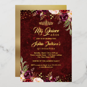 Invitation En Aluminium Quinceanera Florale Or Bourgogne Rouge