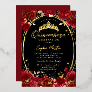 Invitation En Aluminium Quinceanera Florale Papillon Noir et Rouge Captiva