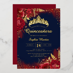 Invitation En Aluminium Quinceanera Florale Papillon Rouge Or Marine 
