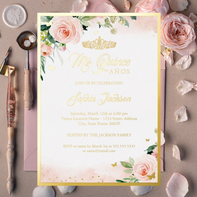 Invitation En Aluminium Quinceanera Florale Rose Or Anniversaire (Créateur téléchargé)