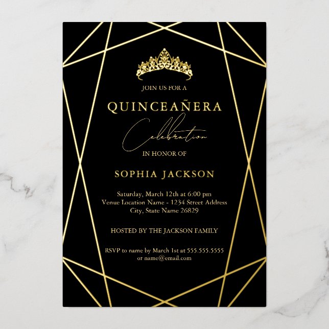 Invitation En Aluminium Quinceanera géométrique Noir Or Elégant 15e (Recto)