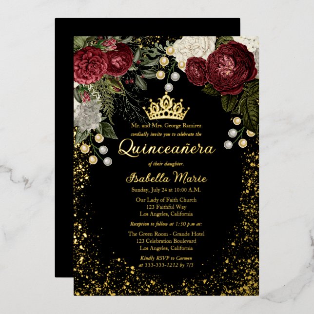 Invitation En Aluminium Quinceañera Glam Bourgogne Rose Floral Anniversair (Recto/Verso)