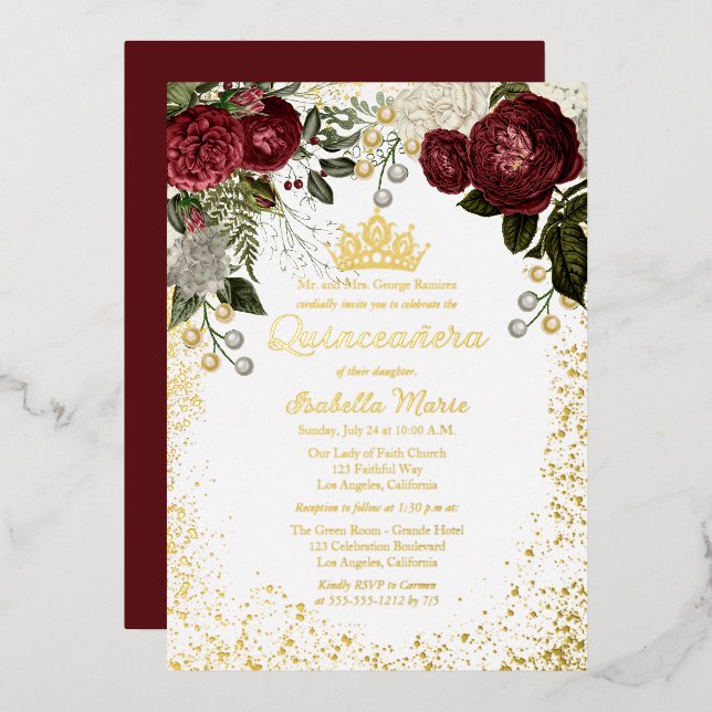 Invitation En Aluminium Quinceañera Glam Bourgogne Rose Floral Anniversair (Recto/Verso)