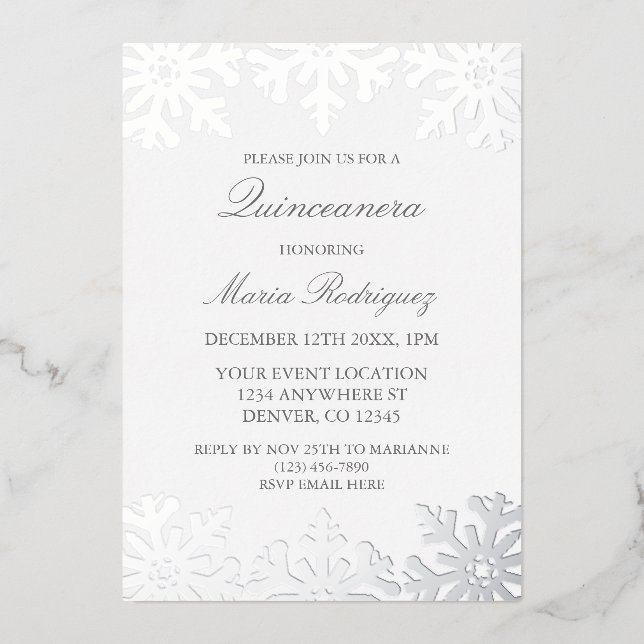 Invitation En Aluminium Quinceanera hivernale de flocons d'argent (Recto)
