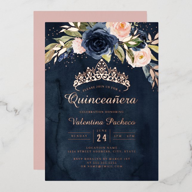 Invitation En Aluminium Quinceanera Marine Rose Rose Or Floral (Recto/Verso)