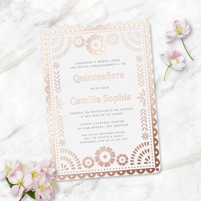 Invitation En Aluminium Quinceañera Papel Picado Rose blanche Or (Créateur téléchargé)