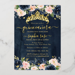 Invitation En Aluminium Quinceanera Papillon Doré Floral Blush Marine