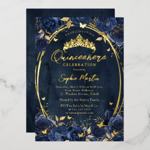 Invitation En Aluminium Quinceanera, papillon floral captivant l'or de la