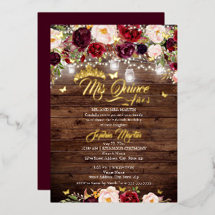 Invitation En Aluminium Quinceanera, papillon floral de Bourgogne rustique