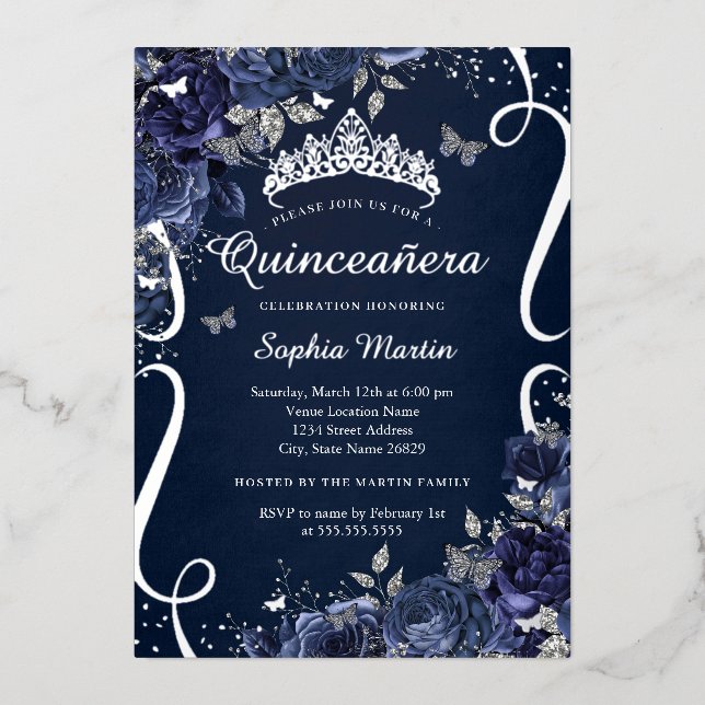 Invitation En Aluminium Quinceanera, papillon floral de la Marine royale (Recto)