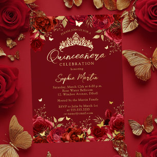 Invitation En Aluminium Quinceanera Papillon Floral Envoûtant Rouge Or