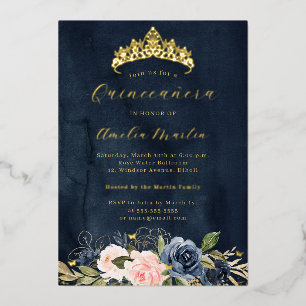 Invitation En Aluminium Quinceanera Papillon Floral Rose Navy Fleurissante