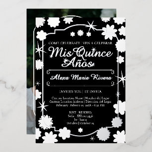 Invitation En Aluminium Quinceanera Photo Floral Or Argent Doré Glam