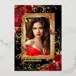Invitation En Aluminium Quinceanera Photo Rouge Rose Or Papillon
