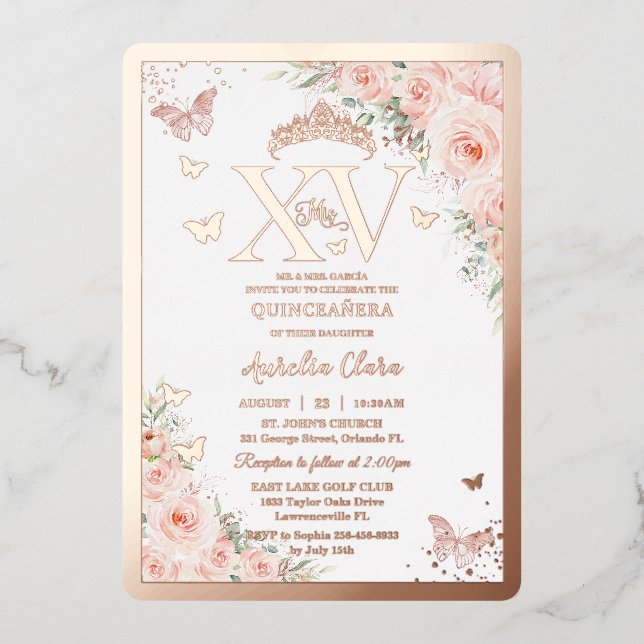 Invitation En Aluminium Quinceañera Quince 15 XV Blush Floral Rose Gold (Recto)