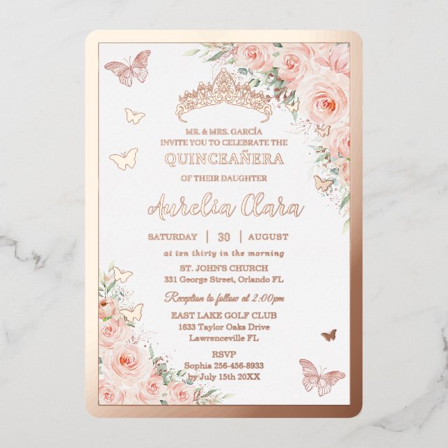 Invitation En Aluminium Quinceañera Quince Sweet 16 Blush Floral Rose Gold (Recto)