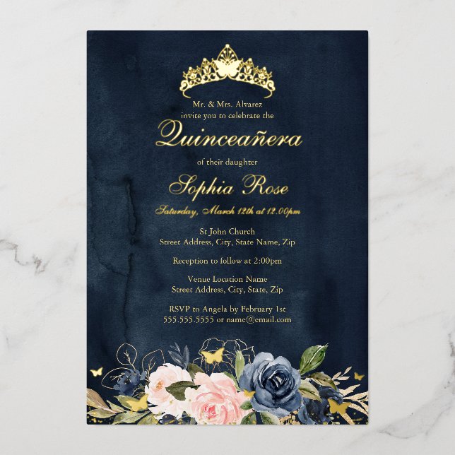 Invitation En Aluminium Quinceanera rose de la marine papillon (Recto)