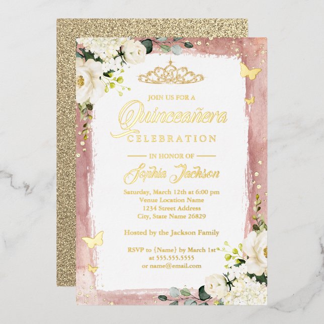 Invitation En Aluminium Quinceanera rose or Floral Sparkle Tiara (Recto/Verso)
