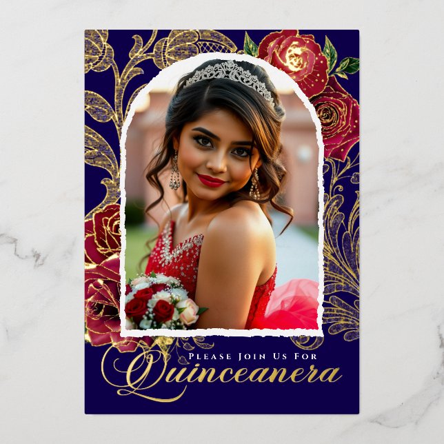 Invitation En Aluminium Quinceanera Rouge Roses Marine Bleu Élégant Photo  (Recto)