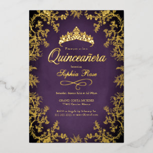 Invitation En Aluminium Quinceanera royale violet or couronne Florale
