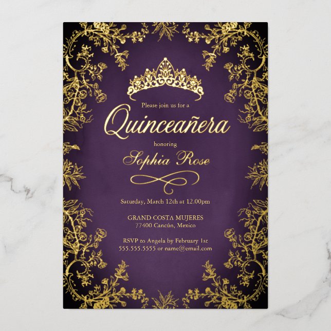 Invitation En Aluminium Quinceanera royale violet or couronne Florale (Recto)