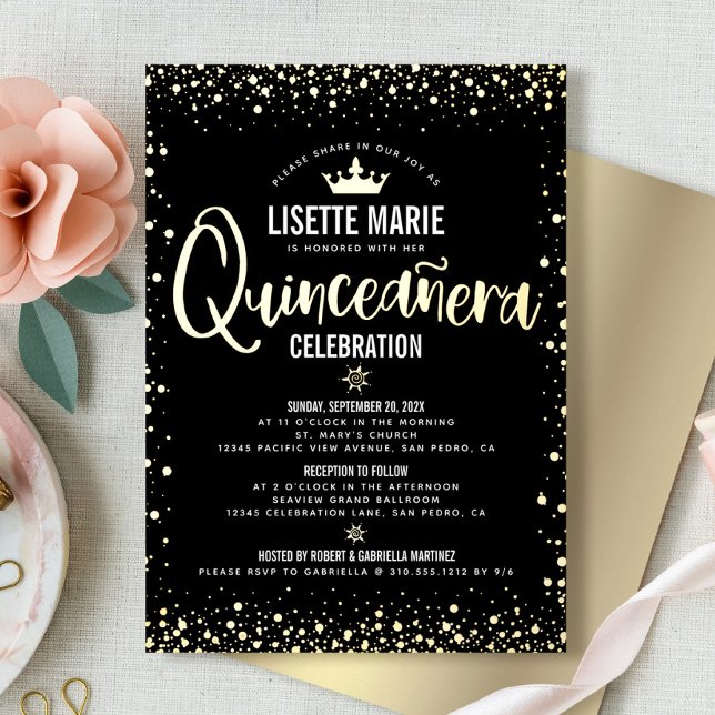 Invitation En Aluminium Quinceañera Script Princesse Couronne Noir Vrai Or (Créateur téléchargé)