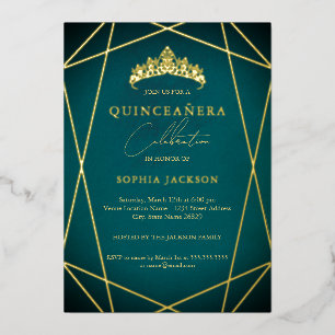 Invitation En Aluminium Quinceanera turquoise Géométrique Or Élégant