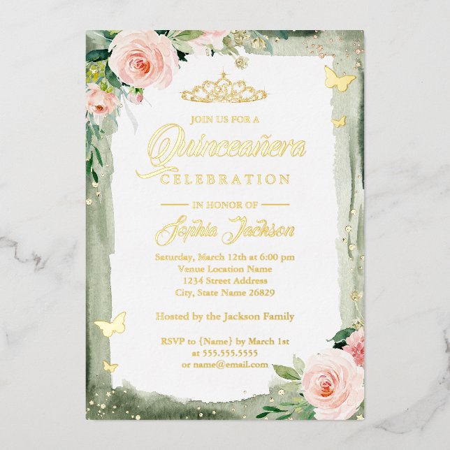 Invitation En Aluminium Quinceanera vert pâle étincelle florale Tiara (Recto)