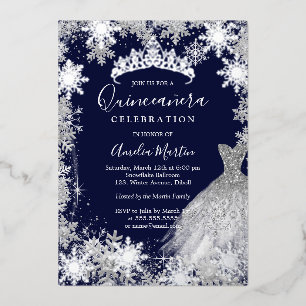 Invitation En Aluminium Quinze ans Navy Snowflake Hiver Quinceanera