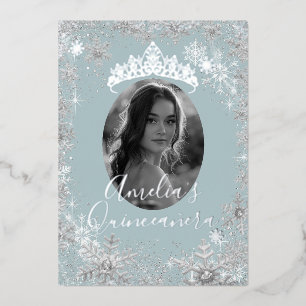 Invitation En Aluminium Quinze ans Photo Silver Blue Flocon de Neige Quinc