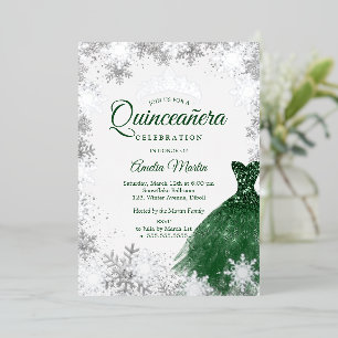 Invitation En Aluminium Quinze ans Silver Emerald Winter Snowflake Quincea