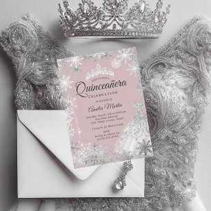 Invitation En Aluminium Quinze ans Silver Pink Winter Snowflake Quinceaner