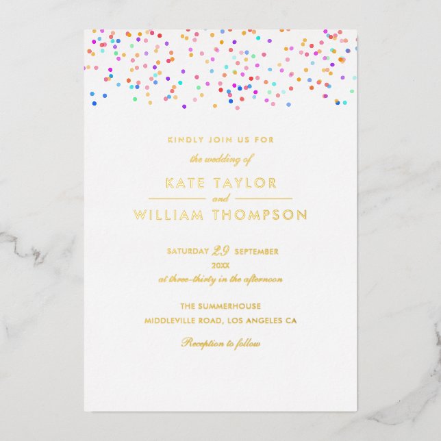 Invitation En Aluminium Rainbow Confetti Photo Mariage Gold (Recto)