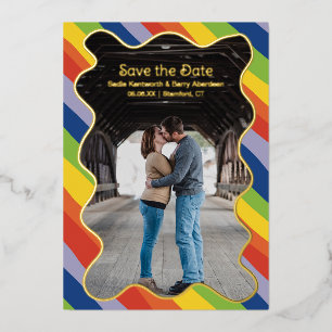 Invitation En Aluminium Rainbow Squiggle Mariage moderne Enregistrer la da