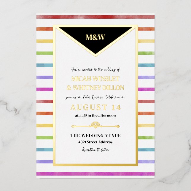 Invitation En Aluminium Rayures arc-en-ciel Monogramme 2 en 1 Mariage (Recto)