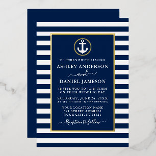 Invitation En Aluminium Rayures d'ancre nautique Mariage Bleu Or