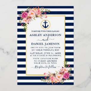 Invitation En Aluminium Rayures Nautiques Aquarelle Floral Rose Bleu Or