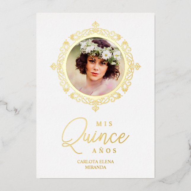 Invitation En Aluminium Real  Dorado XV Foto Español Efecto Encaje (Recto)