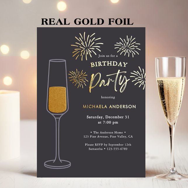 Invitation En Aluminium Real Foil Fireworks & Champagne Birthday Party (Créateur téléchargé)