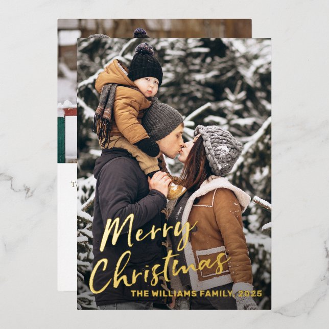 Invitation En Aluminium Real Foil Gold Script Christmas Photo Holiday Card (Recto/Verso)