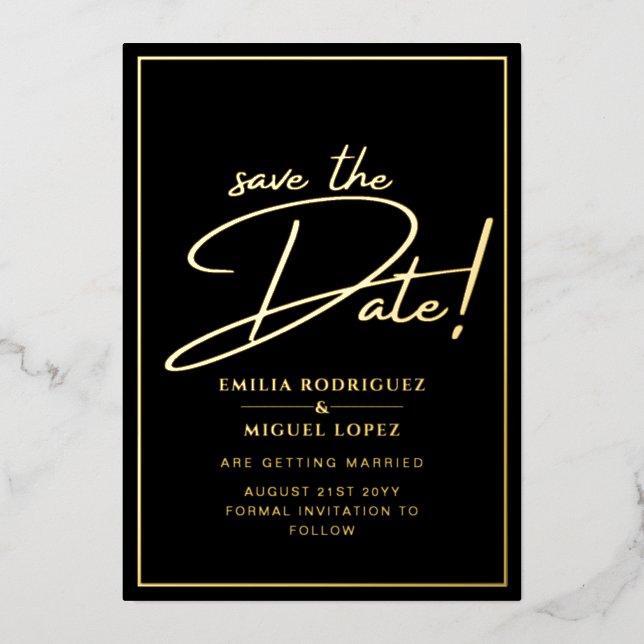 Invitation En Aluminium Real GOLD Foil Black Enregistrer le Mariage de dat (Recto)