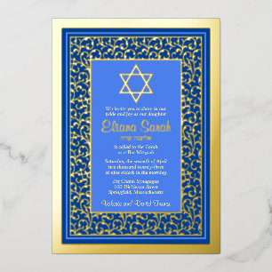 Invitation En Aluminium Real Gold Foil Blue Star de David Bat mitzvah