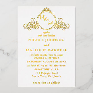 Invitation En Aluminium Real Gold Foil Élégant Amour Monogram Mariage