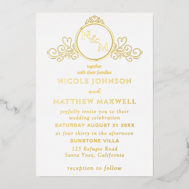 Invitation En Aluminium Real Gold Foil Élégant Amour Monogram Mariage (Recto)